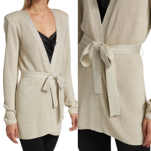 New L’AGENCE Rhea Tie Knit Long Line Metallic Gold Cardigan NWT Size Large - Picture 8 of 15